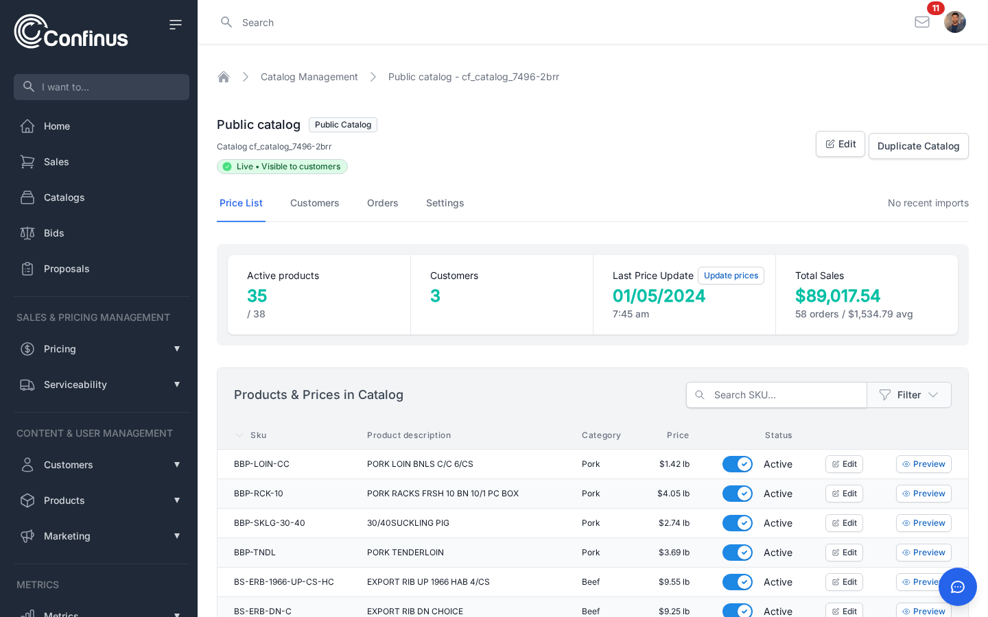 Catalog detail view with pricing rules and product assignments
